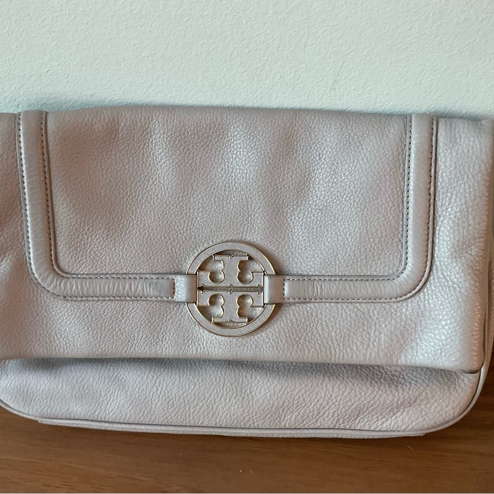Tory Burch Grey Leather Clutch (Amanda Fold-over)